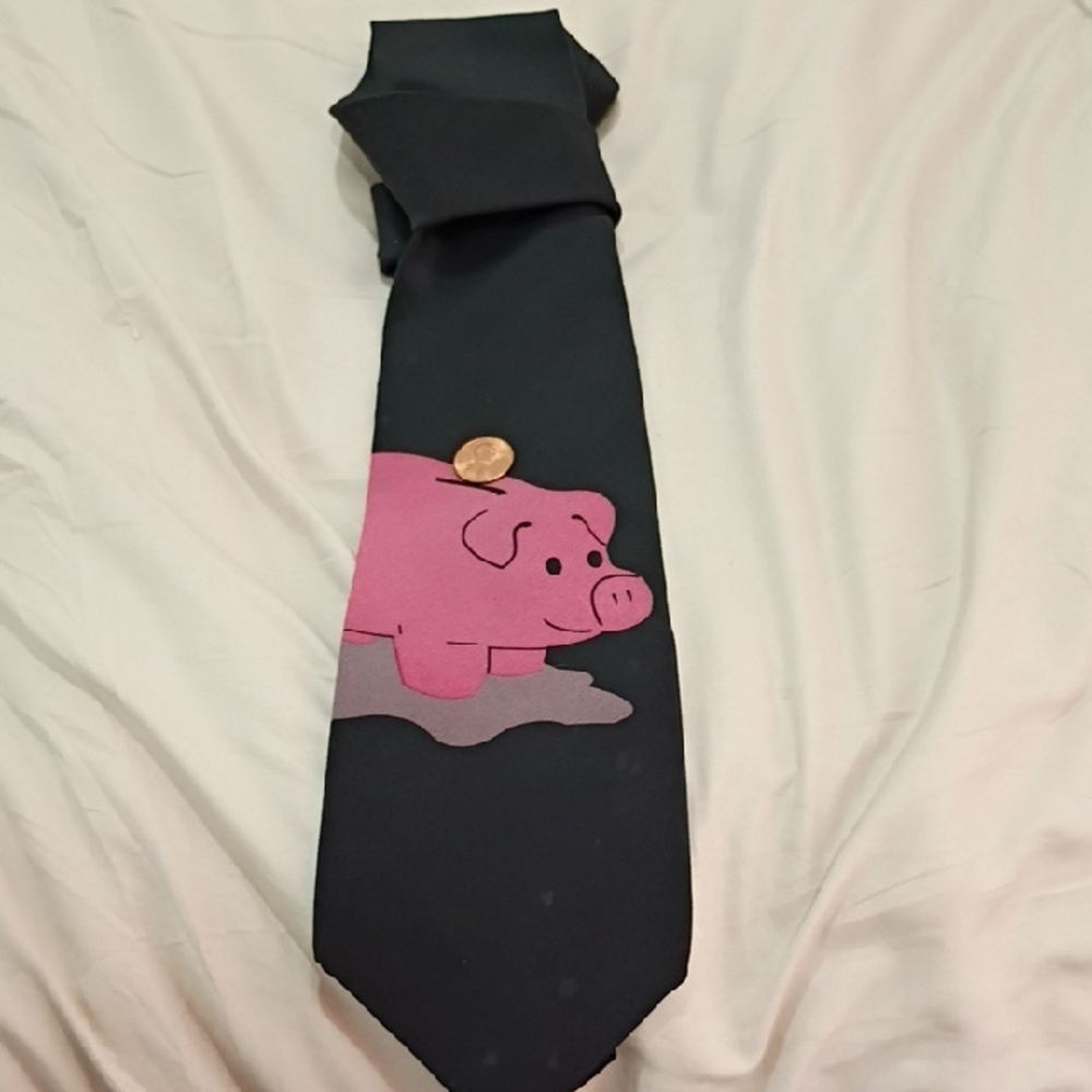 Black Tie with Pink Pig Motif
